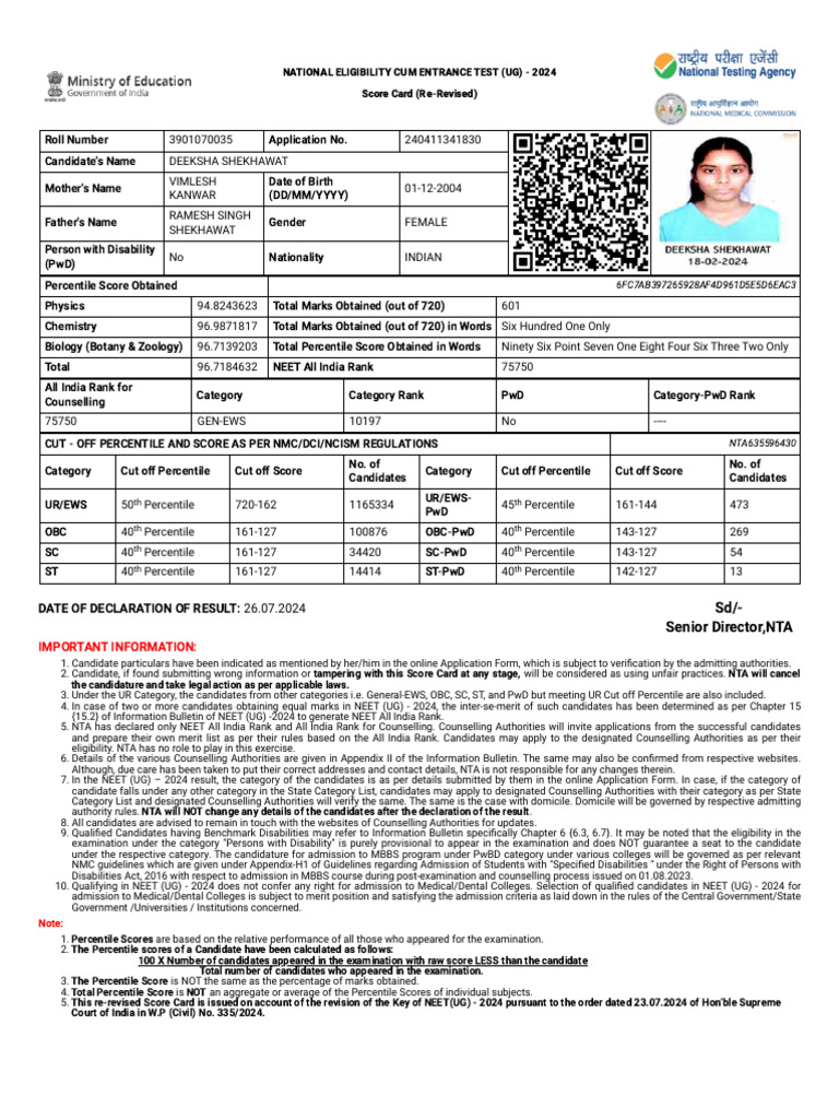 Neet - Ntaonline.in Frontend Web Re-Revised25july-Scorecard Score-Card ...