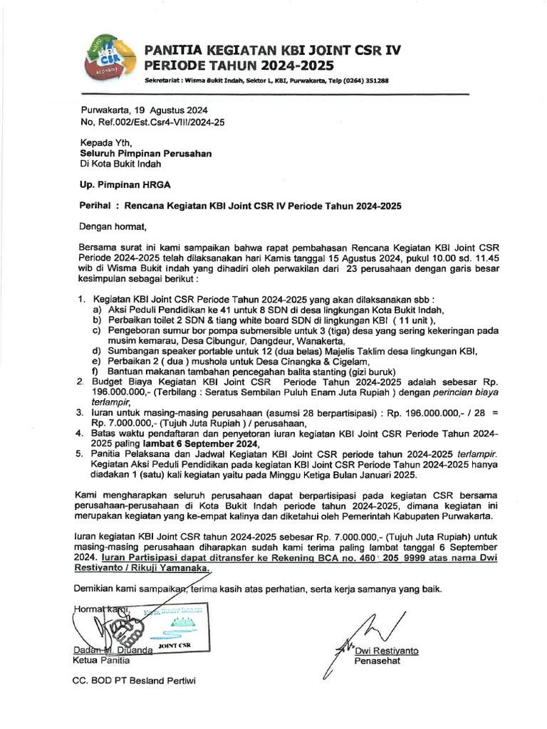 Srt-002-Rencana Kegiatan KBI Joint CSR-IV-2024-2025-2 | PDF