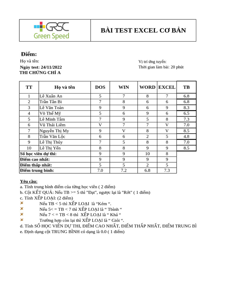 TEST EXCEL CB - Duyen | PDF