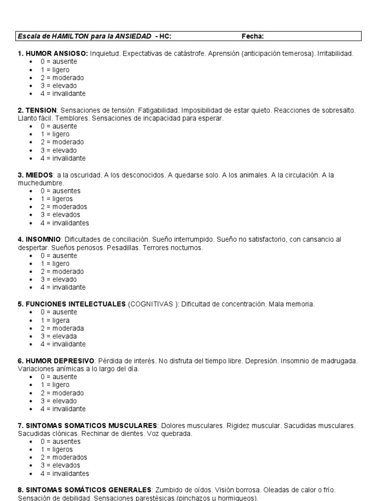 Escala De Hamilton Para La Ansiedad Depresion Estado De Animo Especialidades Medicas