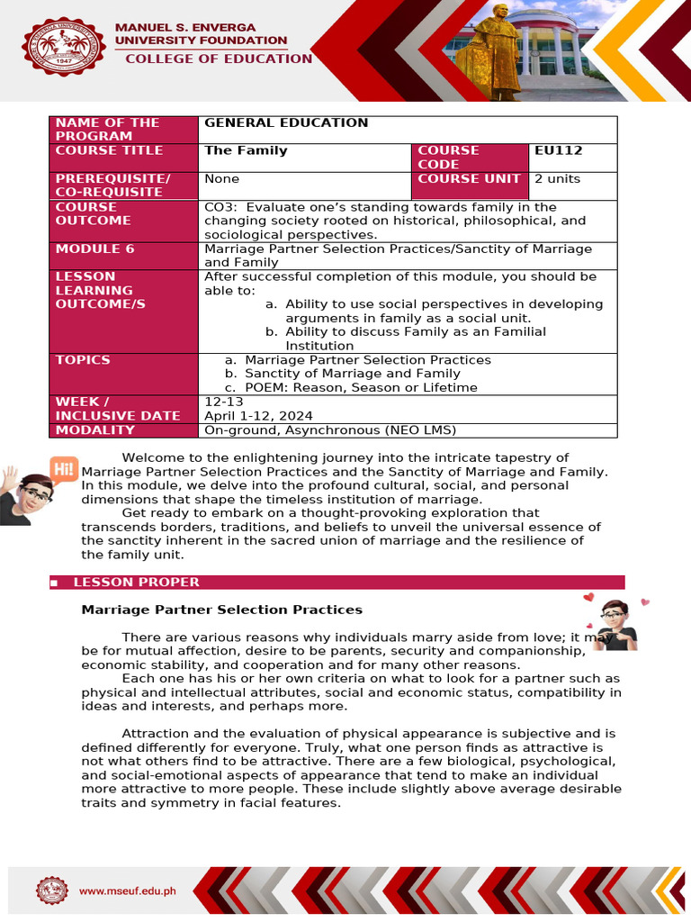 Module 6 EU112 Marriage Partner Selection PracticesSanctity of Marriage ...