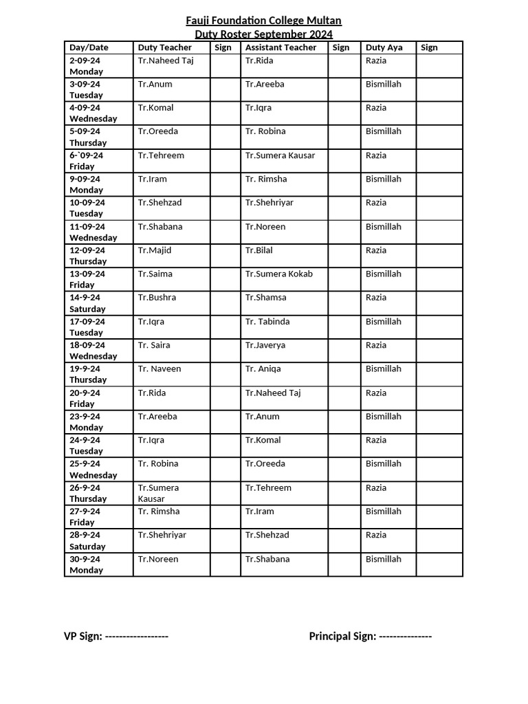 Weekly teacher duty roaster 2024 pdf