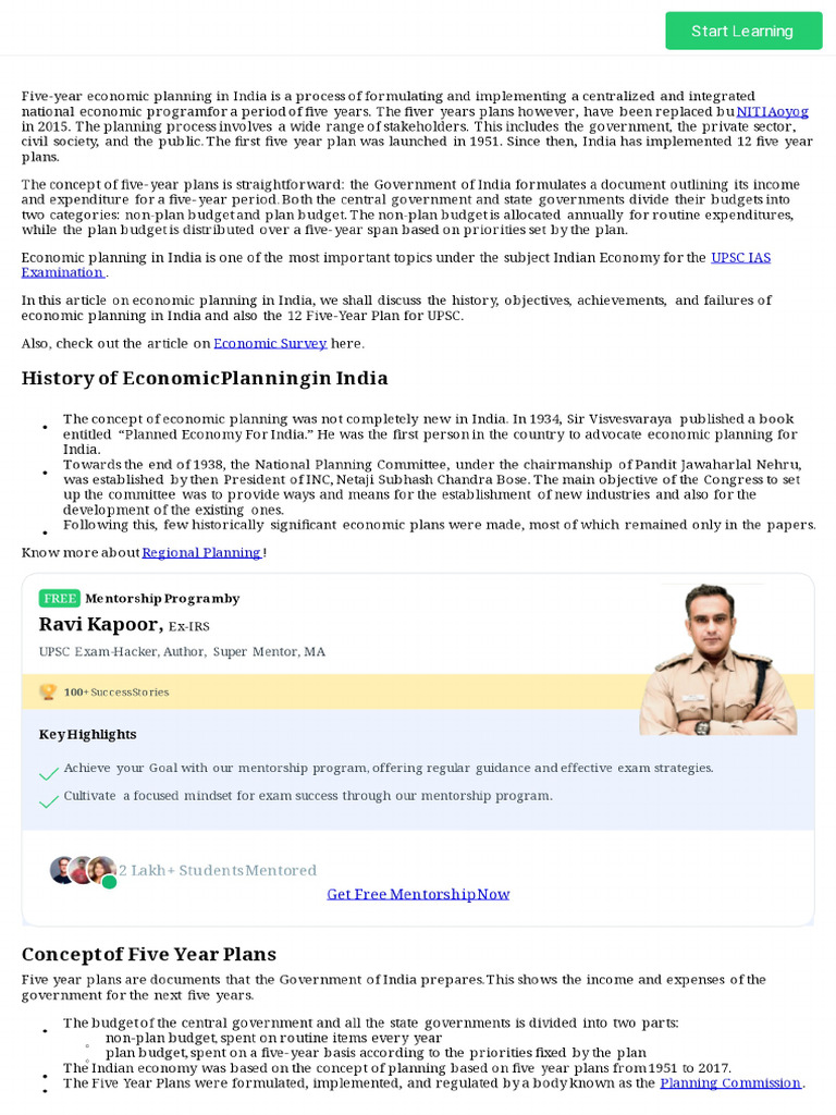 Five Year Economic Planning in India - History, Overview & More | PDF