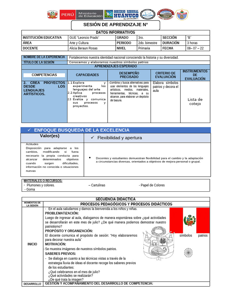 SESIÓN de APRENDIZAJE - Arte y Cultura - Elaboramos Simbolos Patrios | PDF