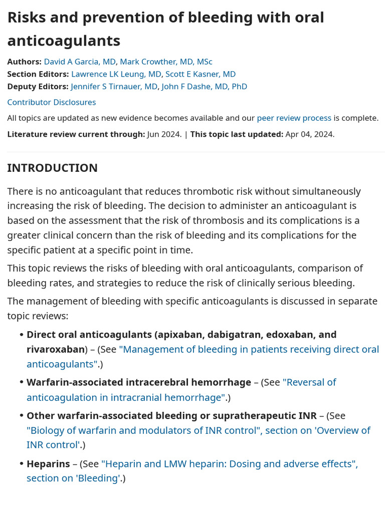 UpToDate Risks and Prevention of Bleeding With Oral Anticoagulants | PDF