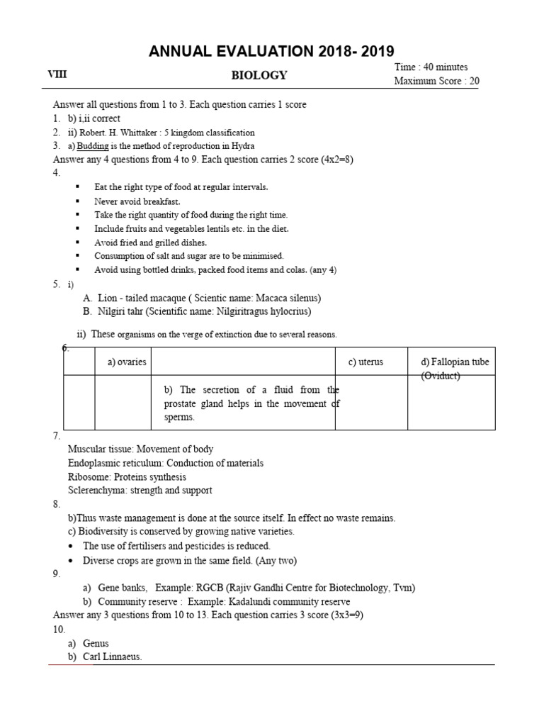 BIOLOGY (EM) Answer Key Kerala Class 8 Annual Exam March 2019 | PDF