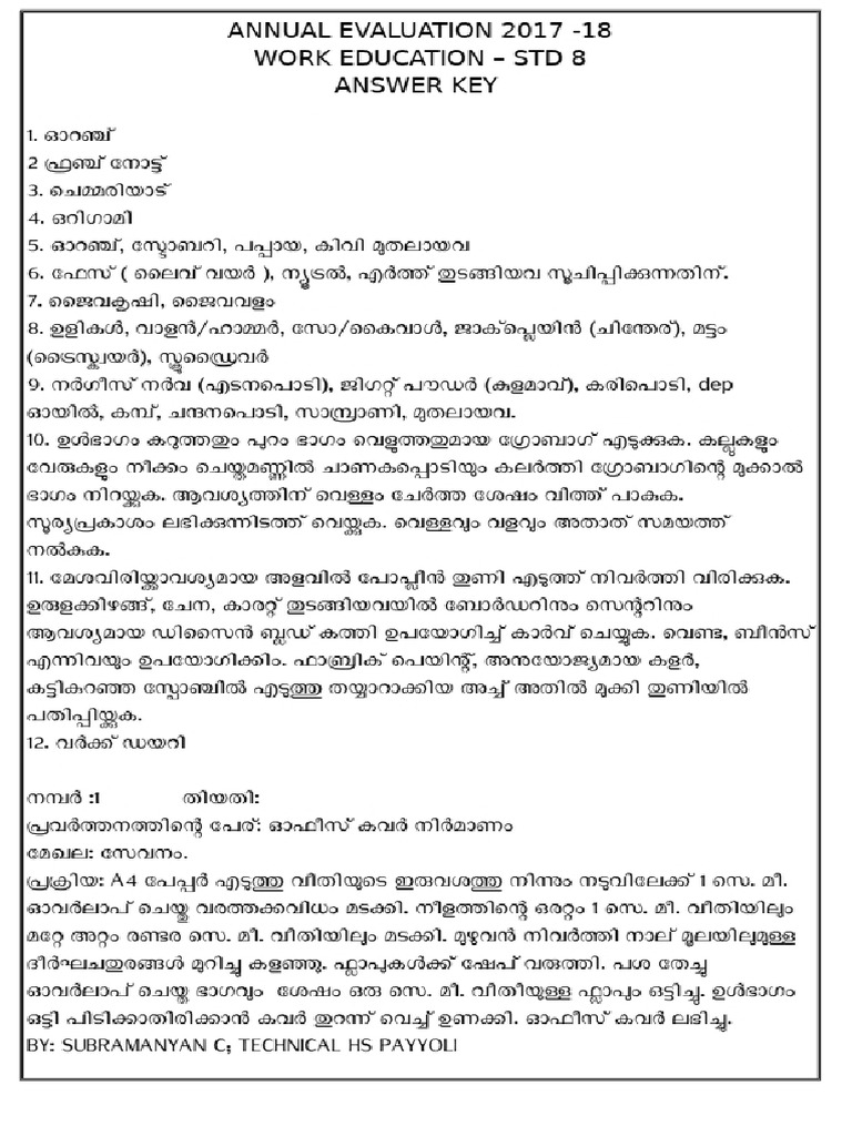 Kerala Class 8 Annual Exam Answer Key 2018 - Work Education (MM) | PDF