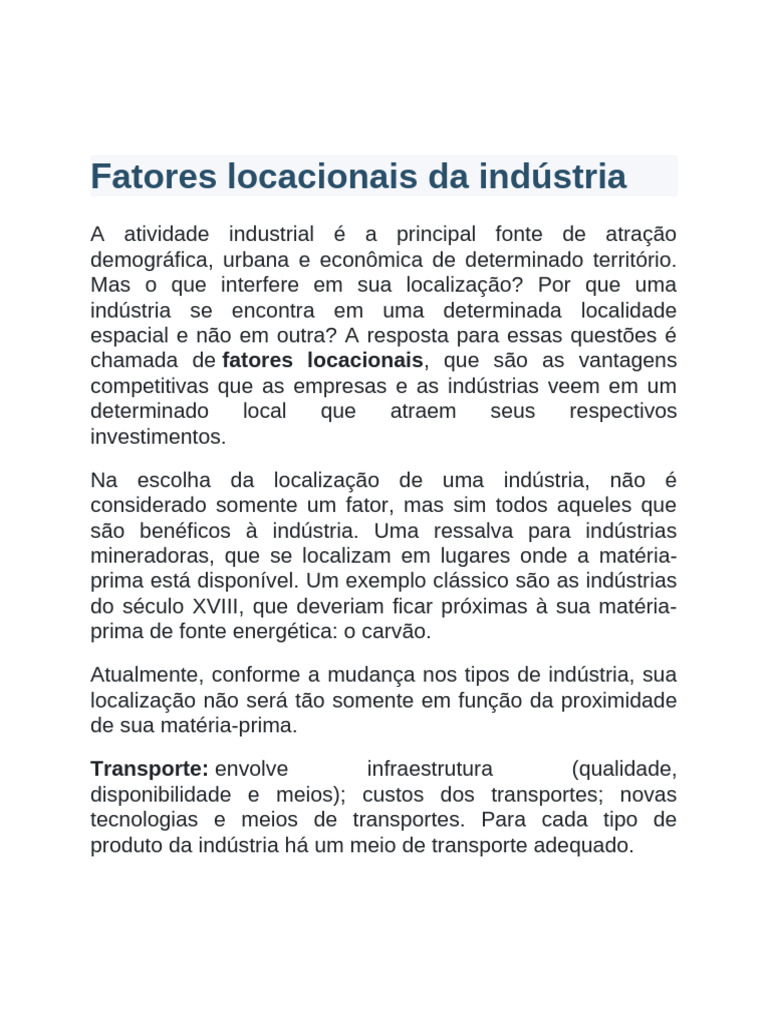 Fatores locacionais da indústria | PDF