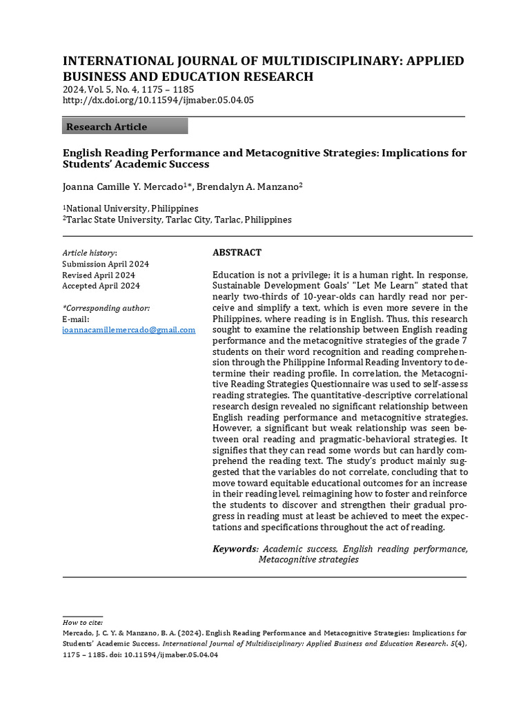 English reading performance and metacognitive strategies implications