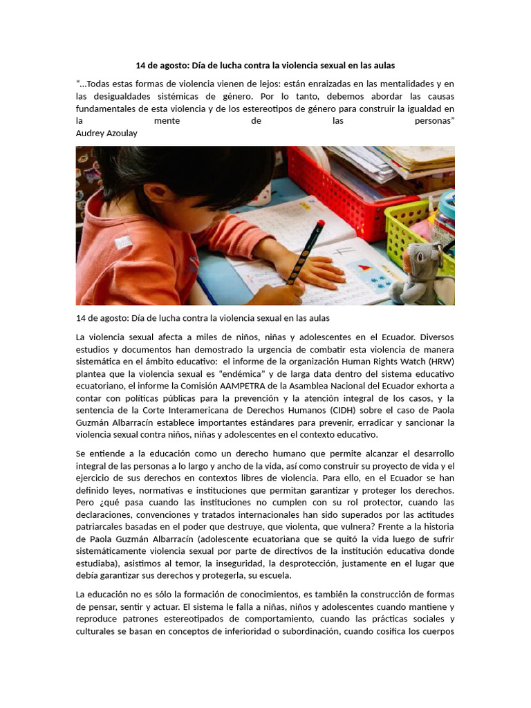Día contra la violencia sexual en aulas | PDF | Violencia | Ecuador