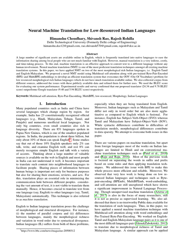 Neural Machine Translation For Low-Resourced India | PDF