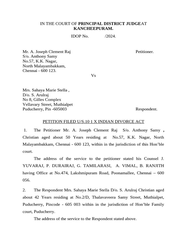 Divorce Petition Under Indian Act | PDF | Marriage | Law