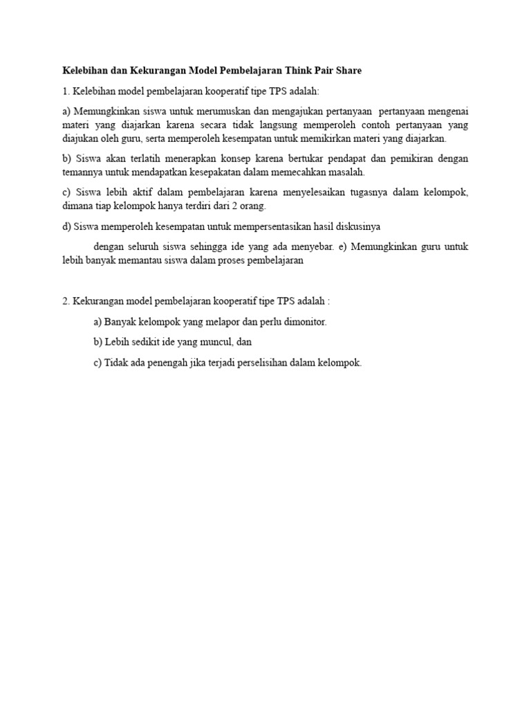 Kelebihan dan kekurangan model pembelajaran think pair share pdf