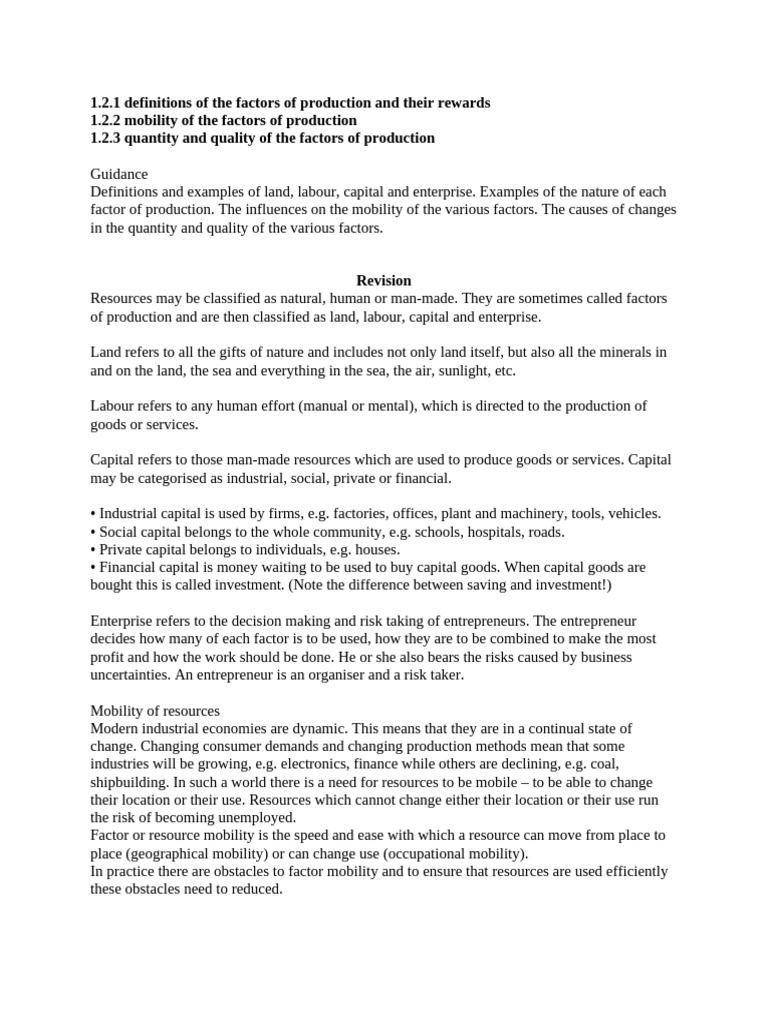 Cambridge o Level - Mobility of Factors of Production Note | PDF