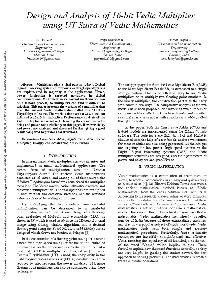 Design and analysis of 16 bit vedic multiplier using ut sutra of vedic