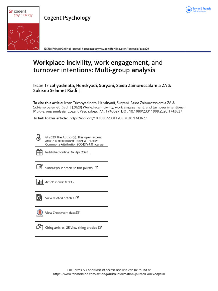 Workplace Incivility Work Engagement And Turnover Intentions Multi