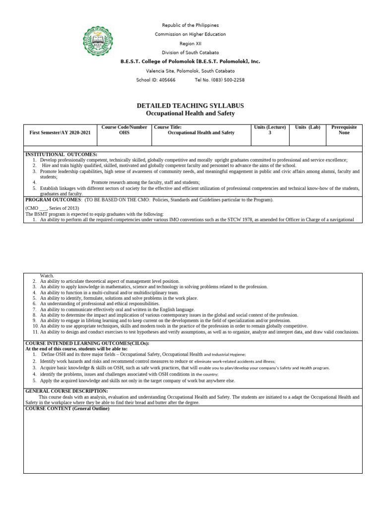 Occupational Health and Safety Syllabus SY2020 2021 | PDF