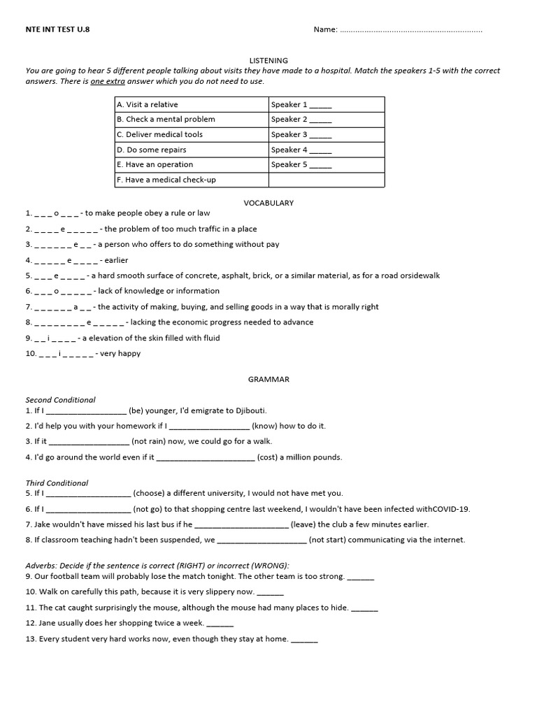 NTE INT TEST Unit 8 | PDF