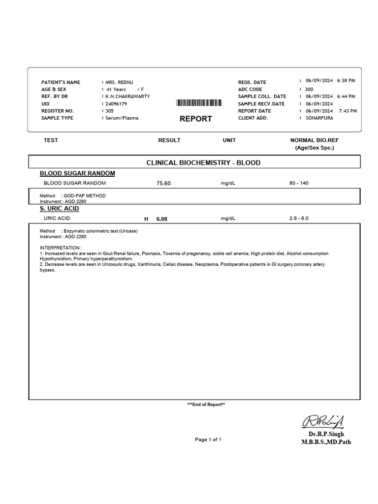 Blood Sugar Random: Result Unit Test Normal Bio - Ref (Age/Sex SPC.) | PDF