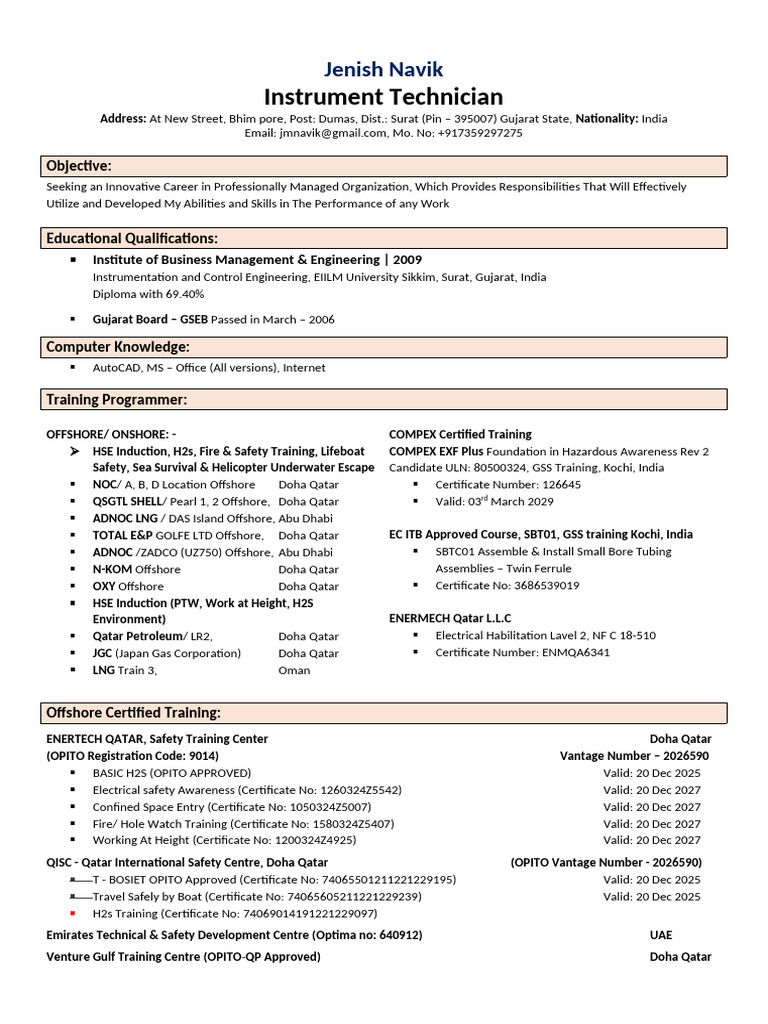 Instrument Technician Resume - 1727025550