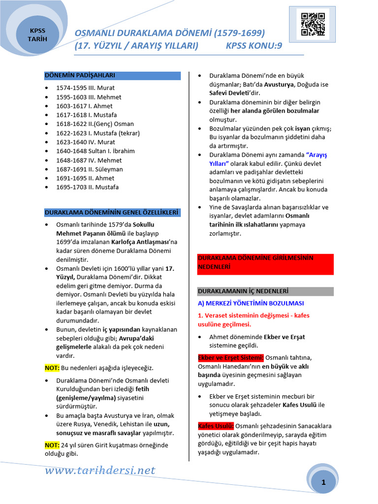 Osmanlı Devleti Duraklama Dönemi Ders Notları PDF İndir | PDF