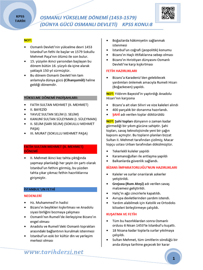 Osmanlı Devleti Yükselme Dönemi Ders Notları PDF İndir | PDF
