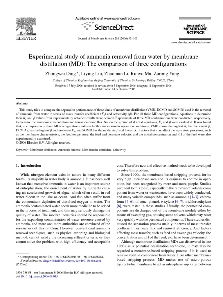 Experimental Study of Ammonia Removal From Water by Membrane ...
