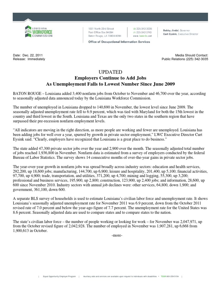 Louisiana Workforce Commission November 2011 Baton Rouge Unemployment News | Louisiana ...