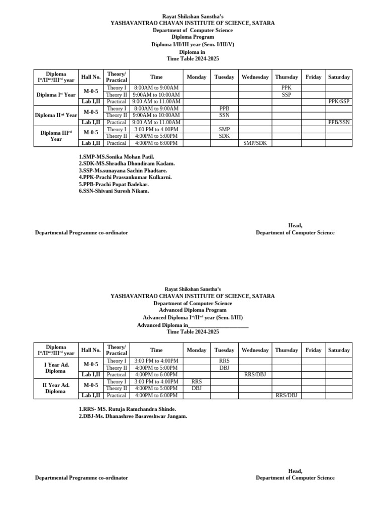 Diploma and adv diploma time table format pdf