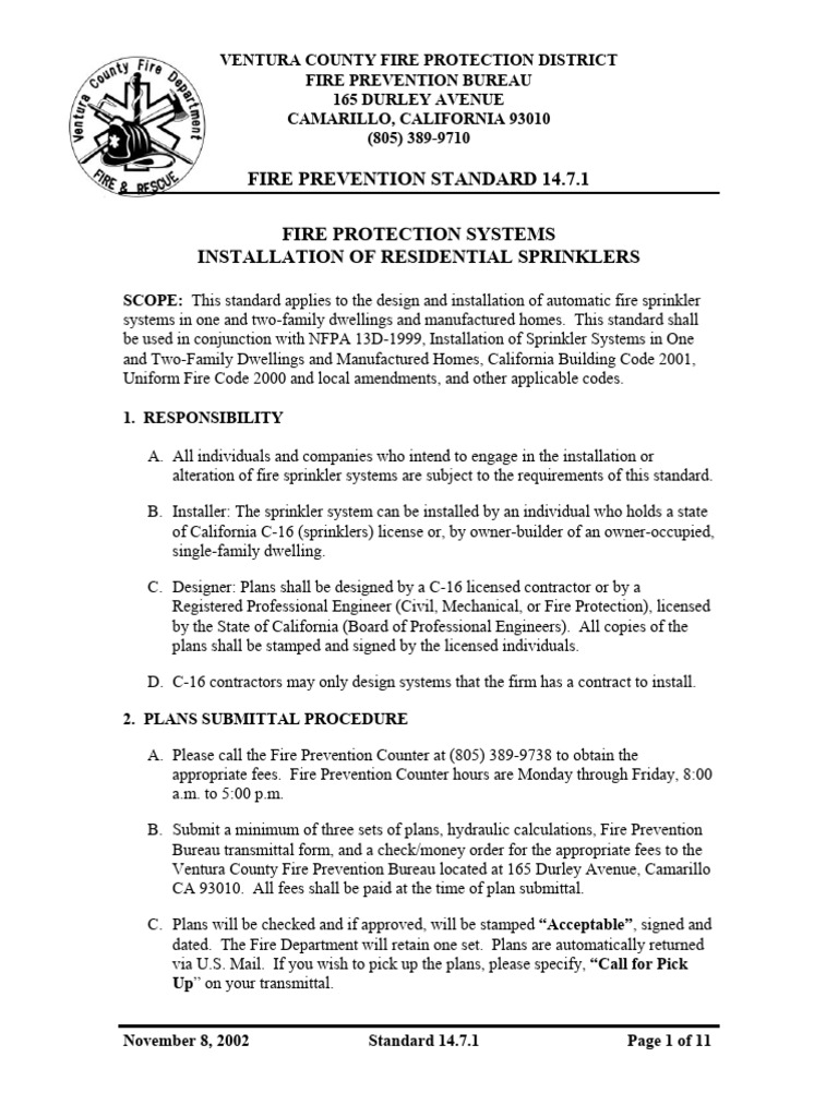 Fire Prevention Standard 14.7.1 Fire Protection Systems Installation of ...