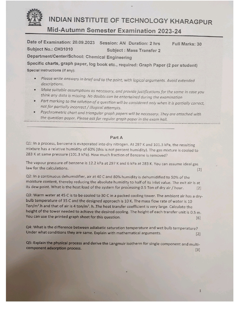 CH31010 Mass Transfer Midsem 2023 | PDF