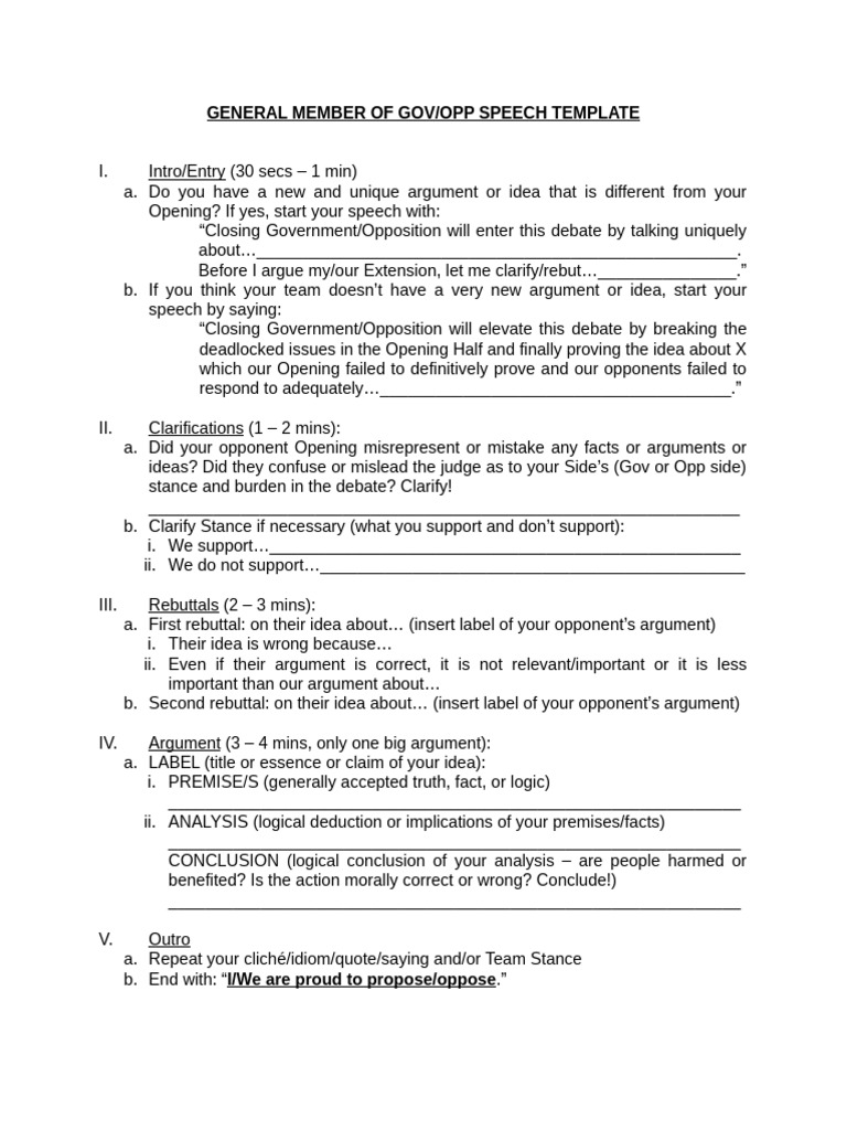 GENERAL MEMBER OF GOV or MEMBER OF OPP SPEECH TEMPLATE | PDF