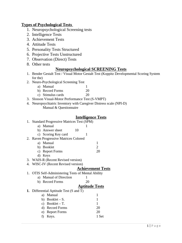 Psychological Test Types Overview | PDF | Obsessive–Compulsive Disorder ...