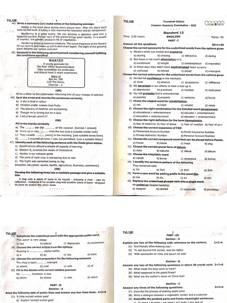 12TH ENGLISH QUARTERLY QUESTION PAPER 2023 PDF DOWNLOAD visual data 6