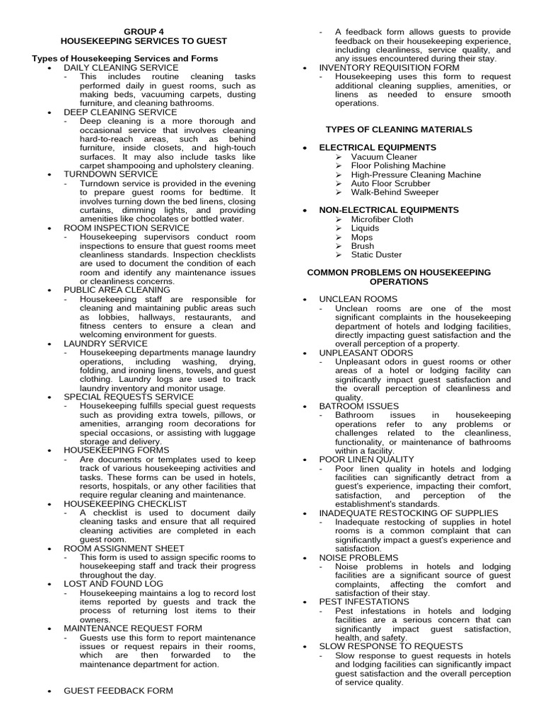 Housekeeping Services Material List