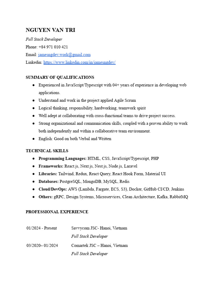 Full Stack Developer Resume - Nguyen Van Tri | PDF | Cloud Computing | Art