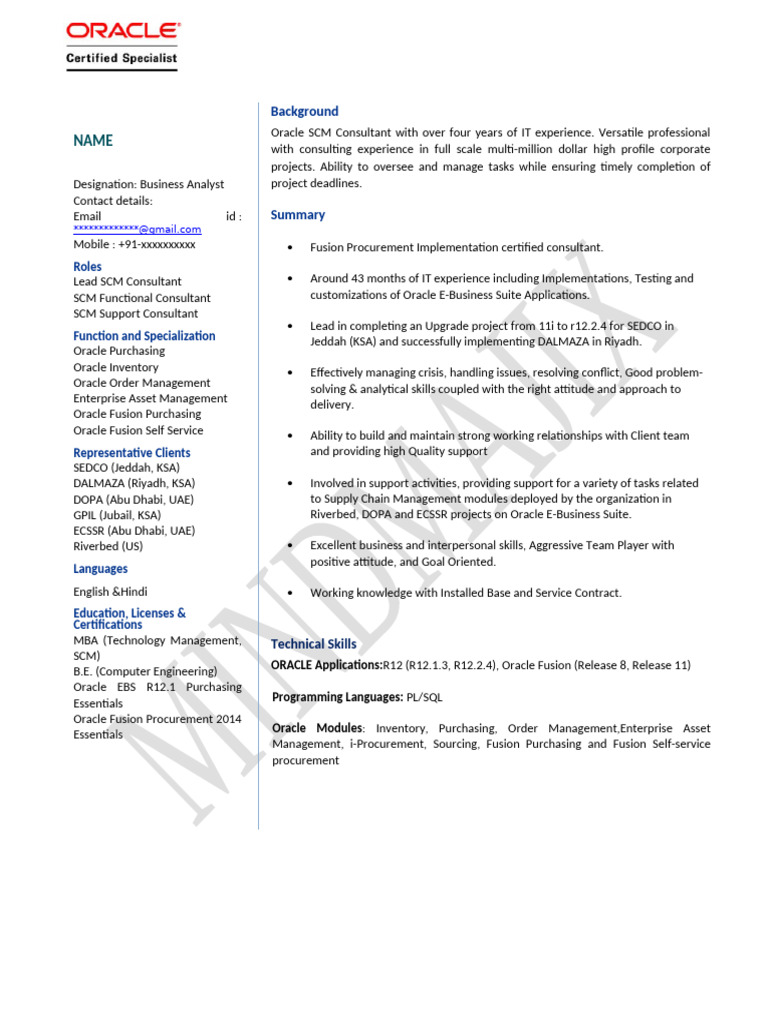 Oracle Fusion SCM Sample Resumes - 1