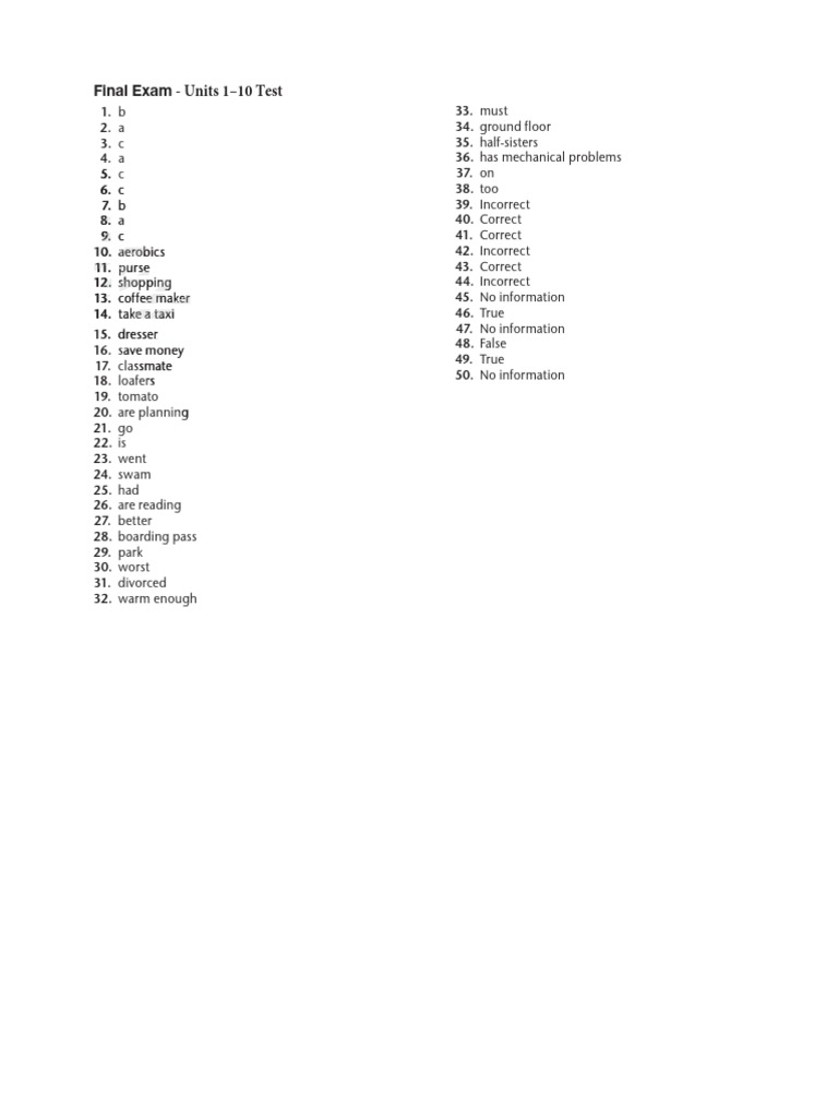 Top Notch 1a&1b Final Test Answer Key | PDF