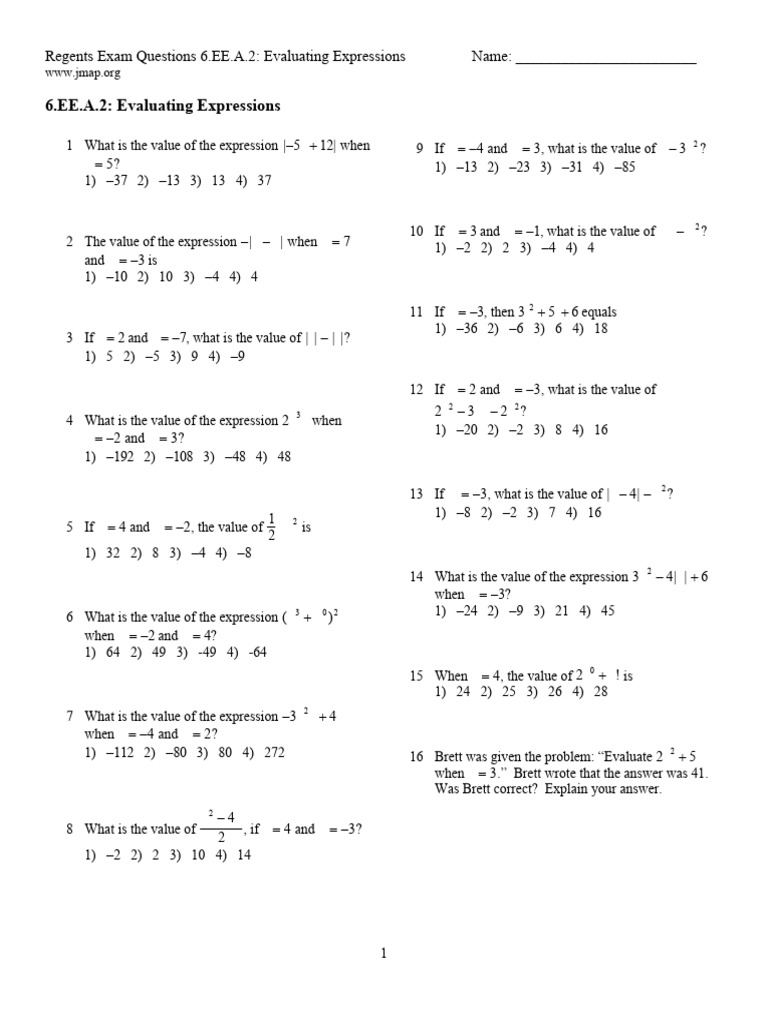 6.EE.A.2. Evaluating Expressions | PDF