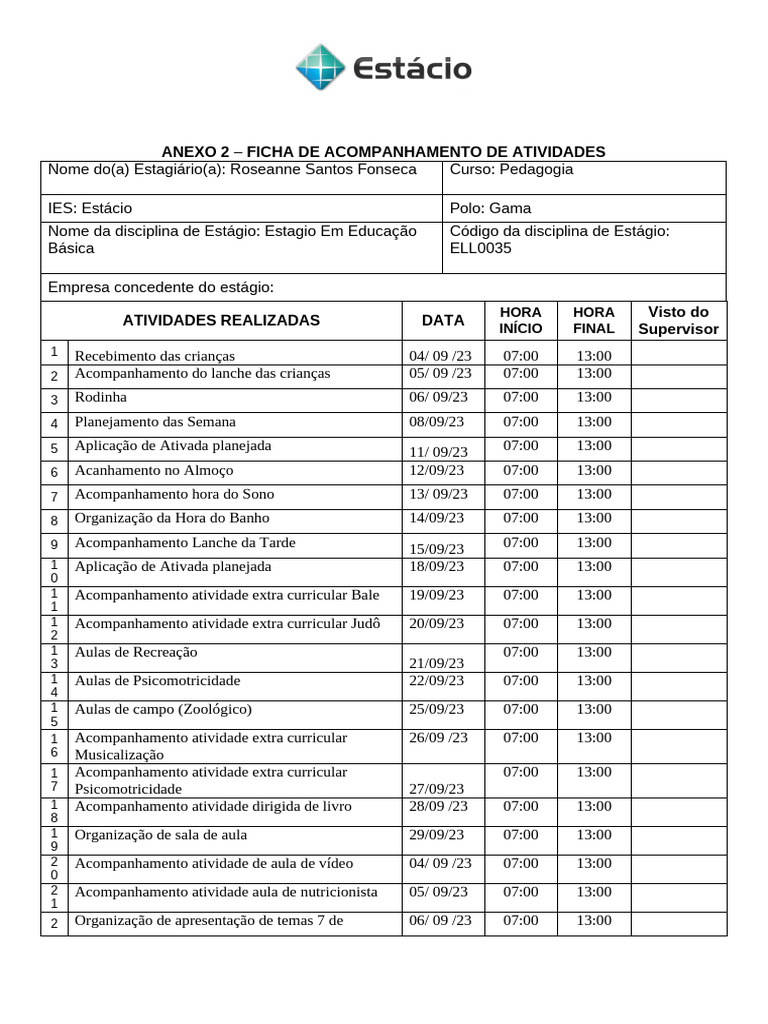 Estagio em Educação Básica Ficha de Acompanhamento | PDF