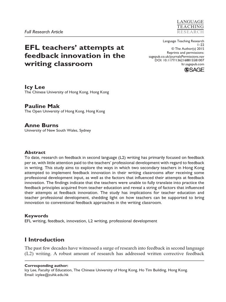 2015 Lee Writing Feedback | PDF | Teachers | Teacher Education