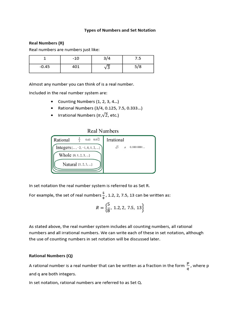 Types of Numbers and Set Notation | PDF