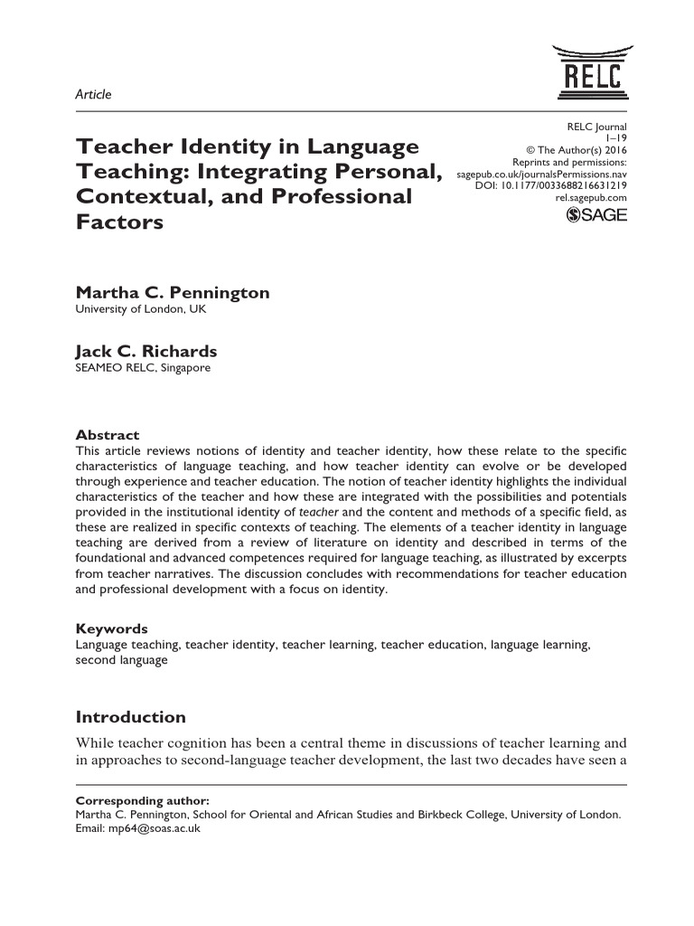 Teacher Identity in Language Teaching | PDF | Teachers | Identity ...