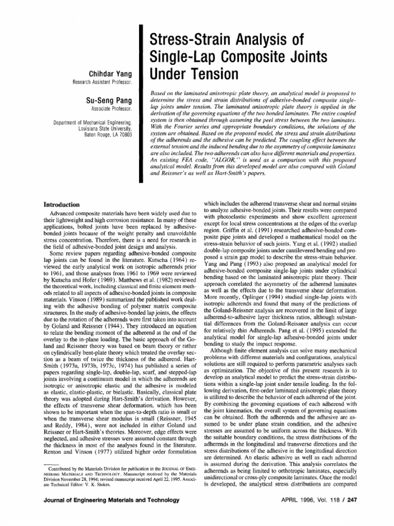 Stress-Strain Analysis of Single-Lap Composite Joints Under Tension | PDF