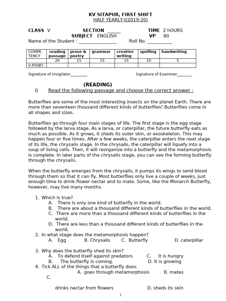 Class V English Half Yearly 2019 20 | PDF