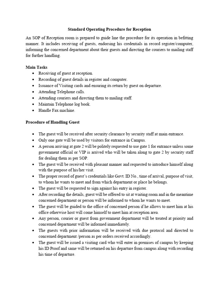 Standard Operating Procedure For Reception | PDF