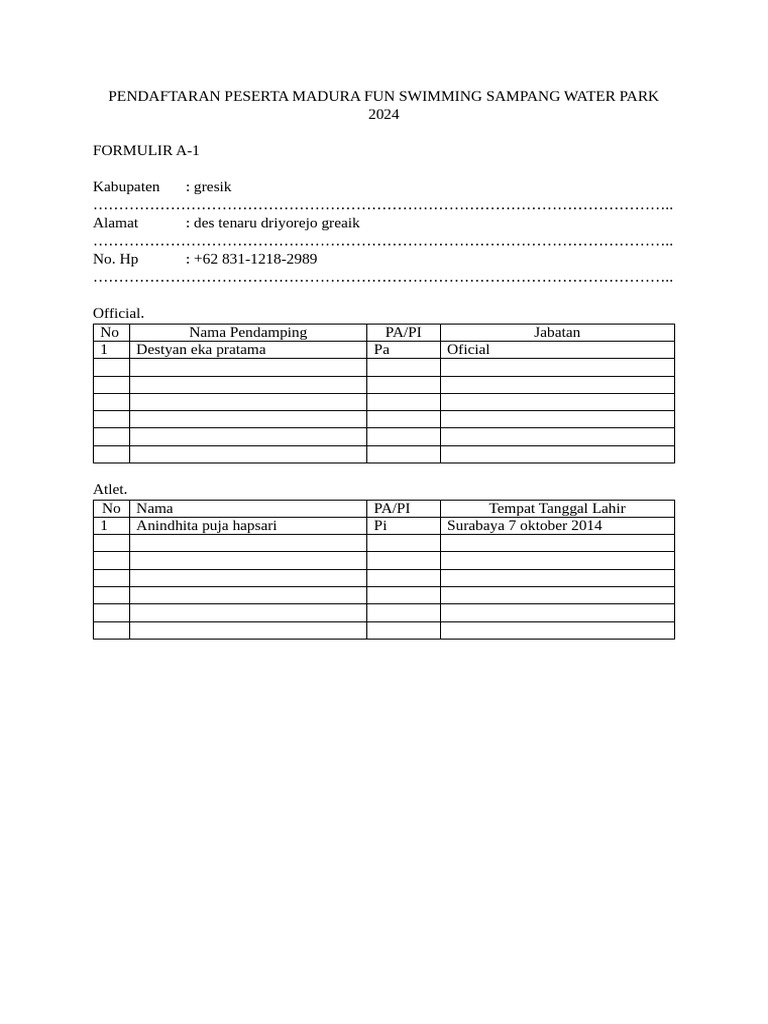 Form Pendaftaran Renang | PDF