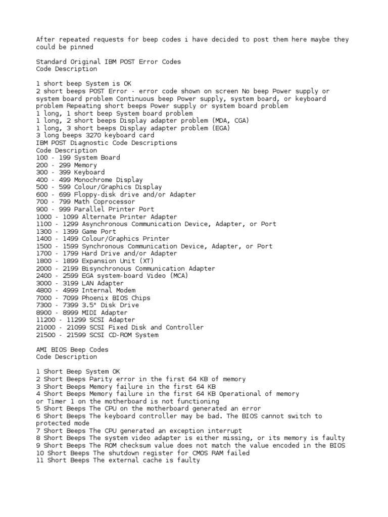 Beep Codes Error Codes Bios Random Access Memory