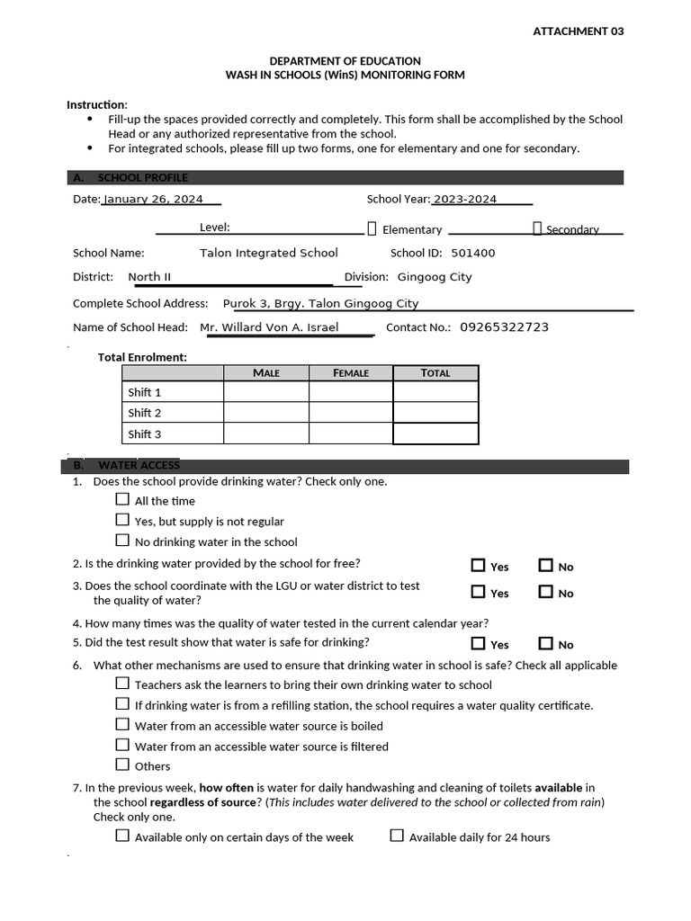 WinS Monitoring Form v2017-05-25 | PDF | Hand Washing | Science ...