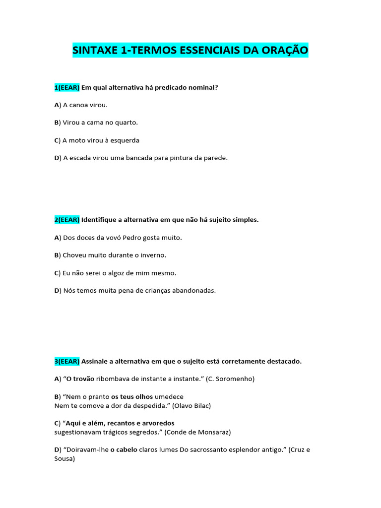 12-Exercícios Termos Essenciais da Oração (1) | PDF